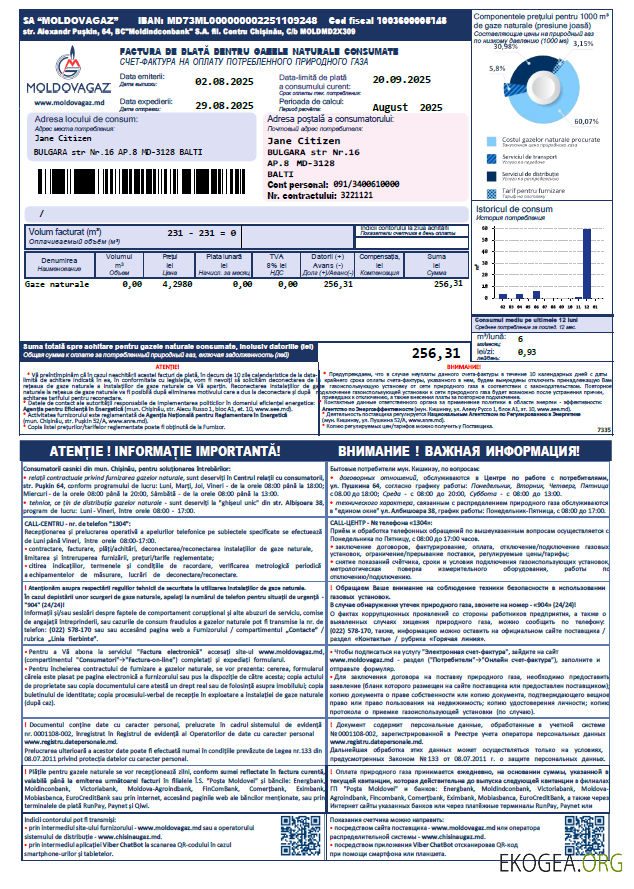 Moldova Moldovagaz utility bill template in Word and PDF formats